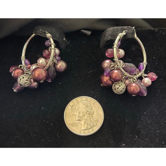 Silver Tone Pink & Purple Bead Hoop Earrings - Picture 1 of 1
